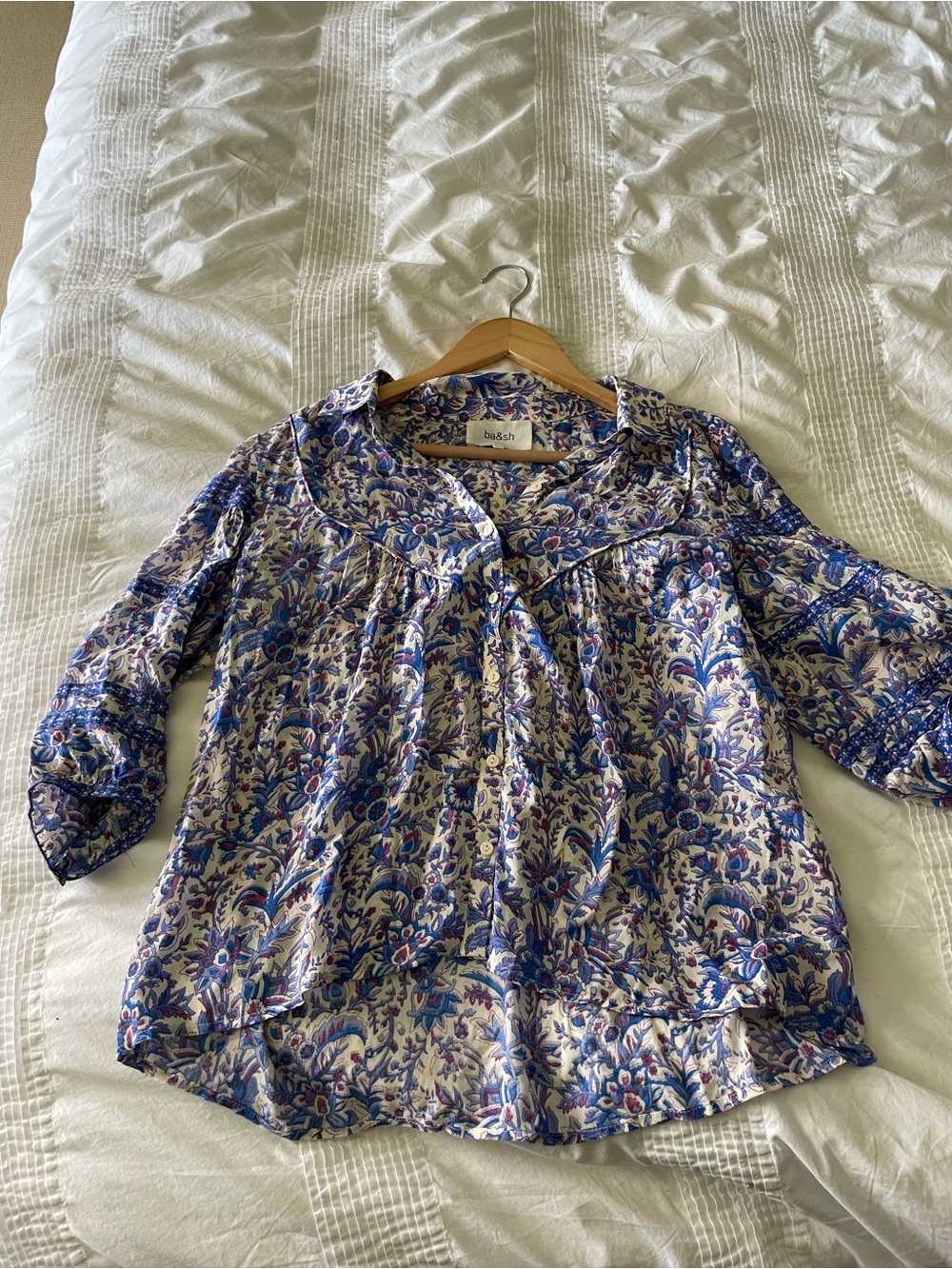 ba&sh Blue and Cream Floral Gathered Blouse
